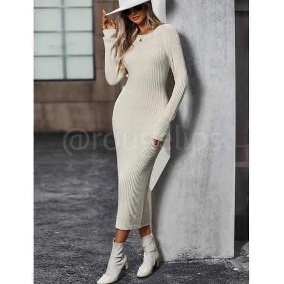 Knit Dress Long Sleeve Open Back Twisted Detail Midi Length Slim - Picture 2 of 8